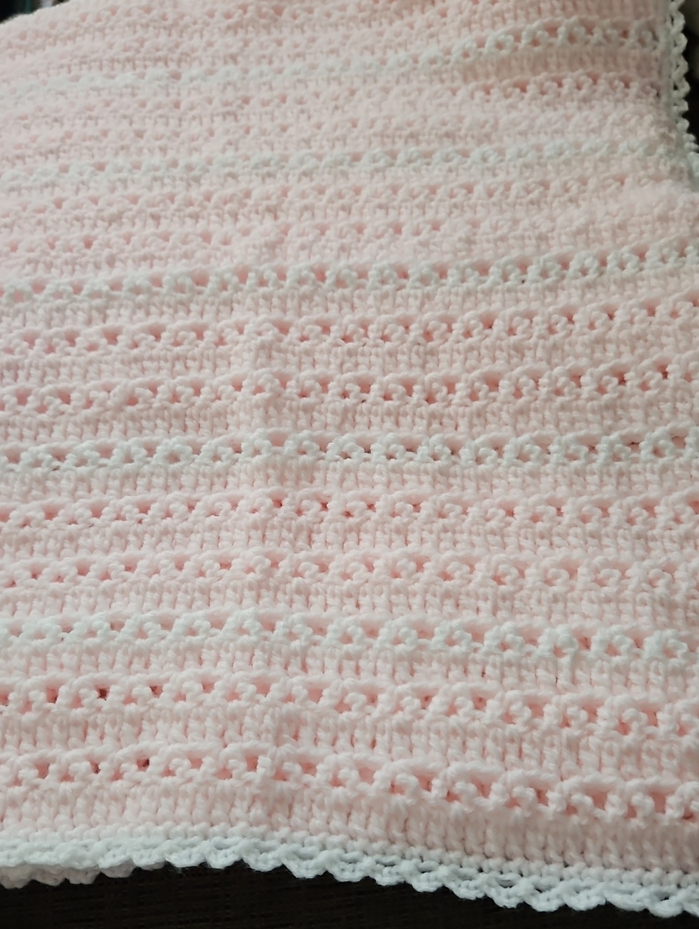 Pink And White Hand Knitted Crochet Baby Blanket Lap Throw